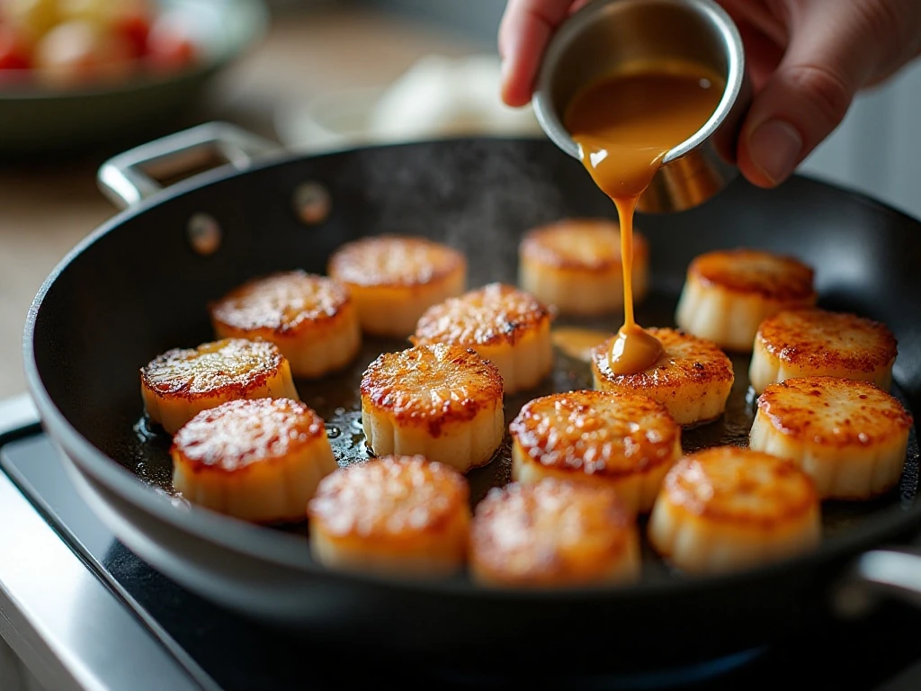 Scallops developing a deep golden sear