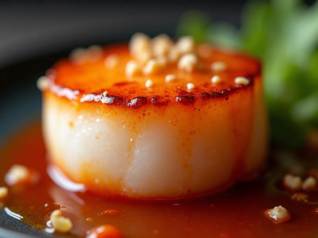 Glossy sweet and spicy glaze on a seared scallop