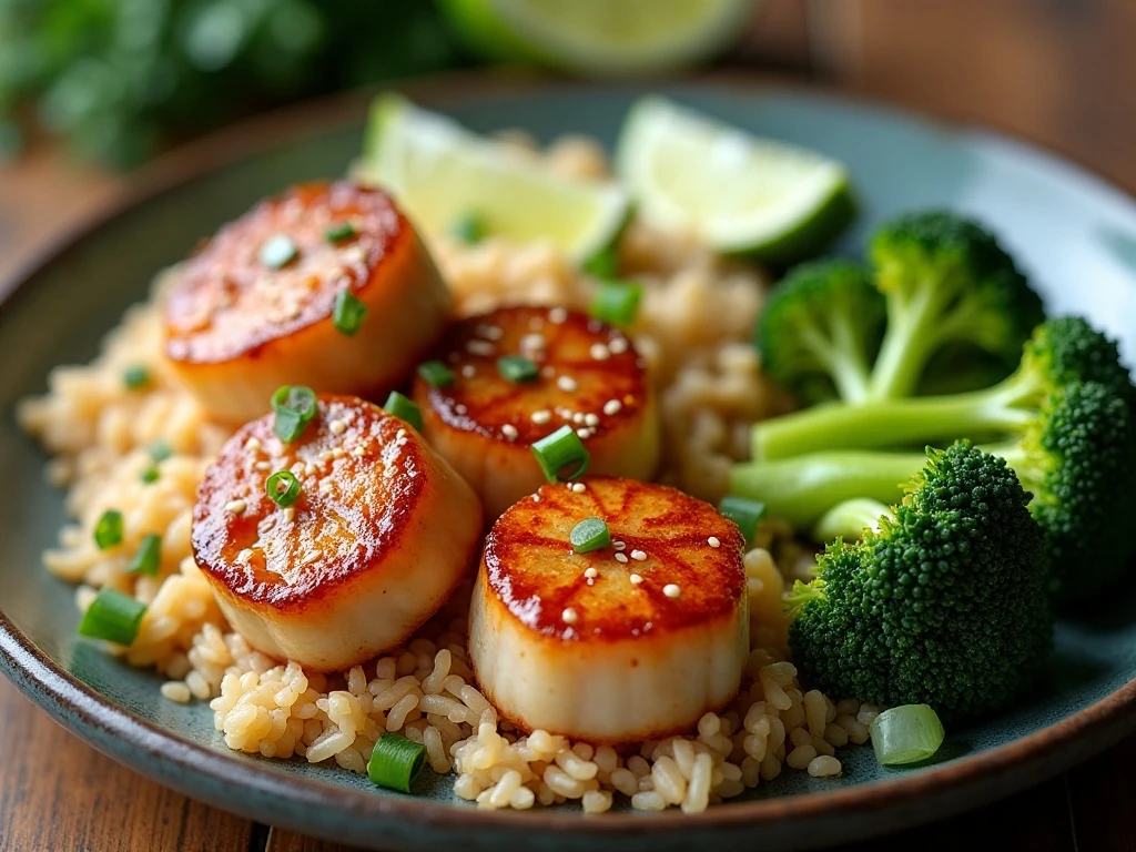 Honey Sriracha scallops with rice and steamed broccoli