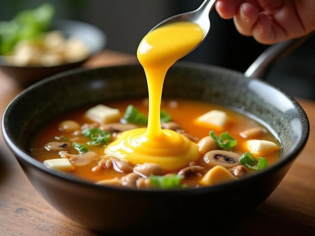 Beaten egg being stirred into hot and sour soup to form ribbons