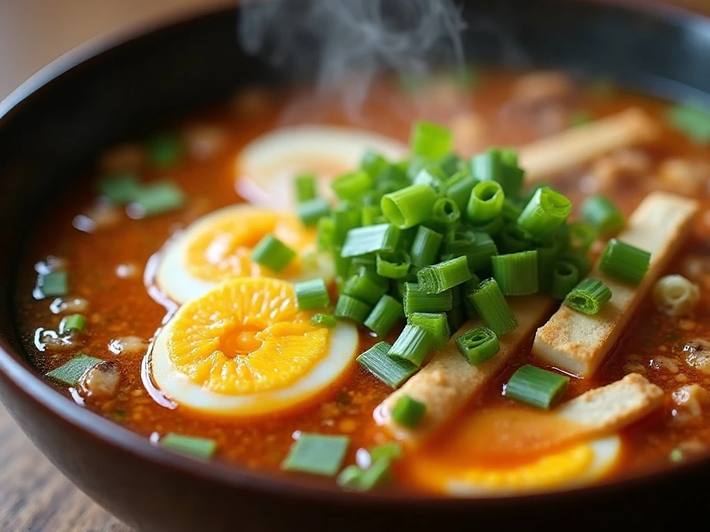 Scallion garnish on a steaming bowl of hot and sour soup