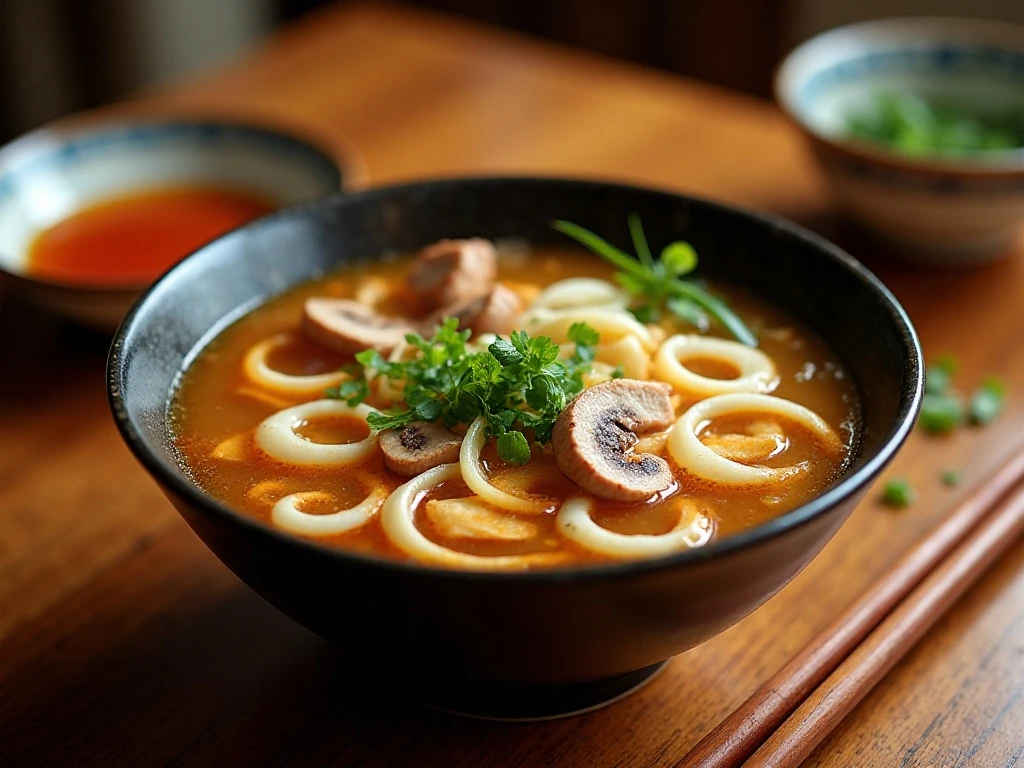 Bowl of authentic hot and sour soup with pork, mushrooms, tofu, and egg ribbons