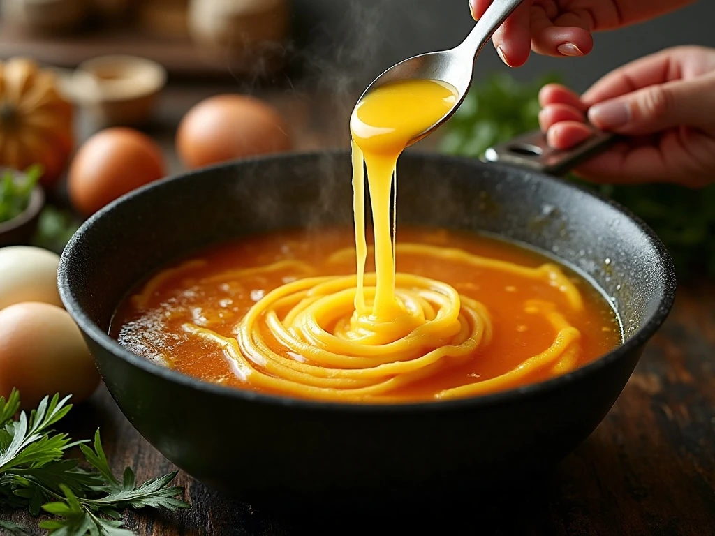Adding beaten egg to simmering hot and sour soup to create silky ribbons
