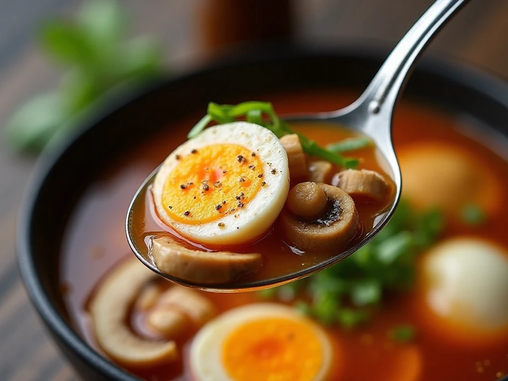 Close-up of hot and sour soup showing egg ribbons and savory toppings