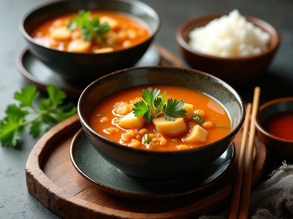 Hot and sour soup served for dinner with scallions, cilantro, and extra vinegar