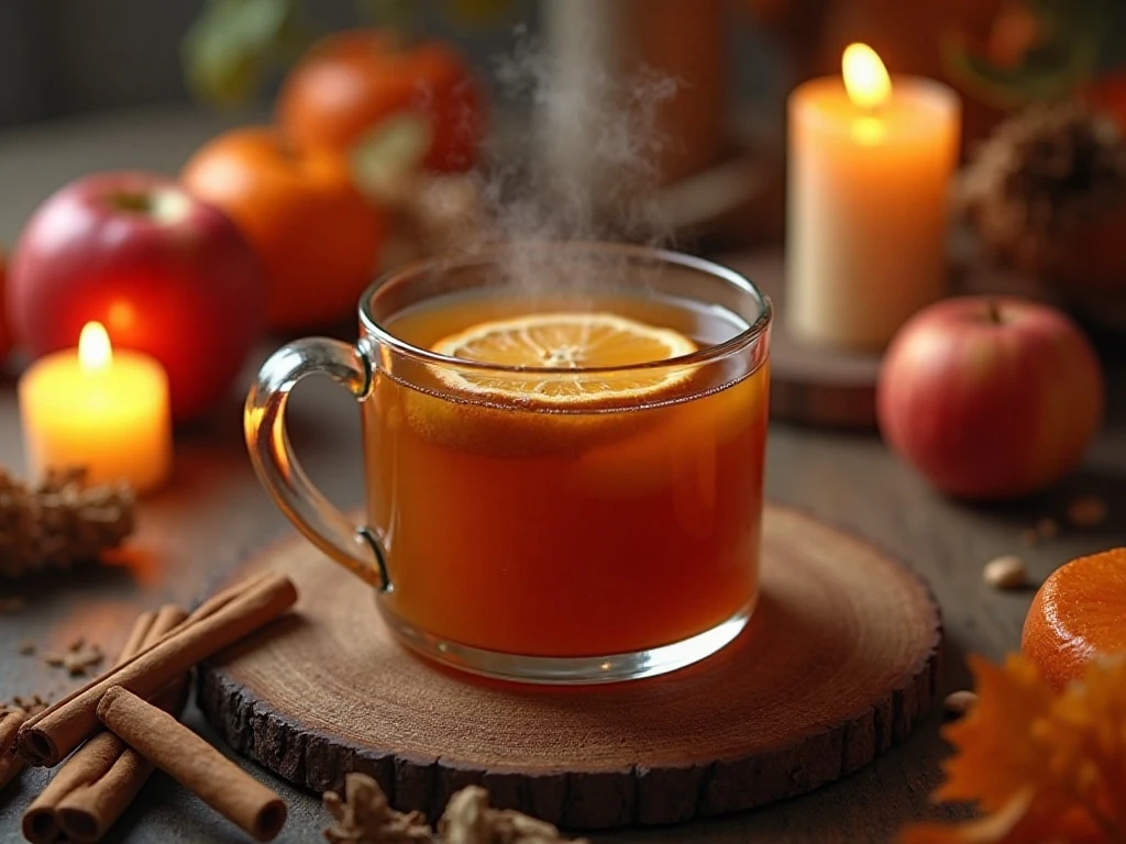 Steaming mug of hot apple cider rum punch surrounded by autumn garnishes