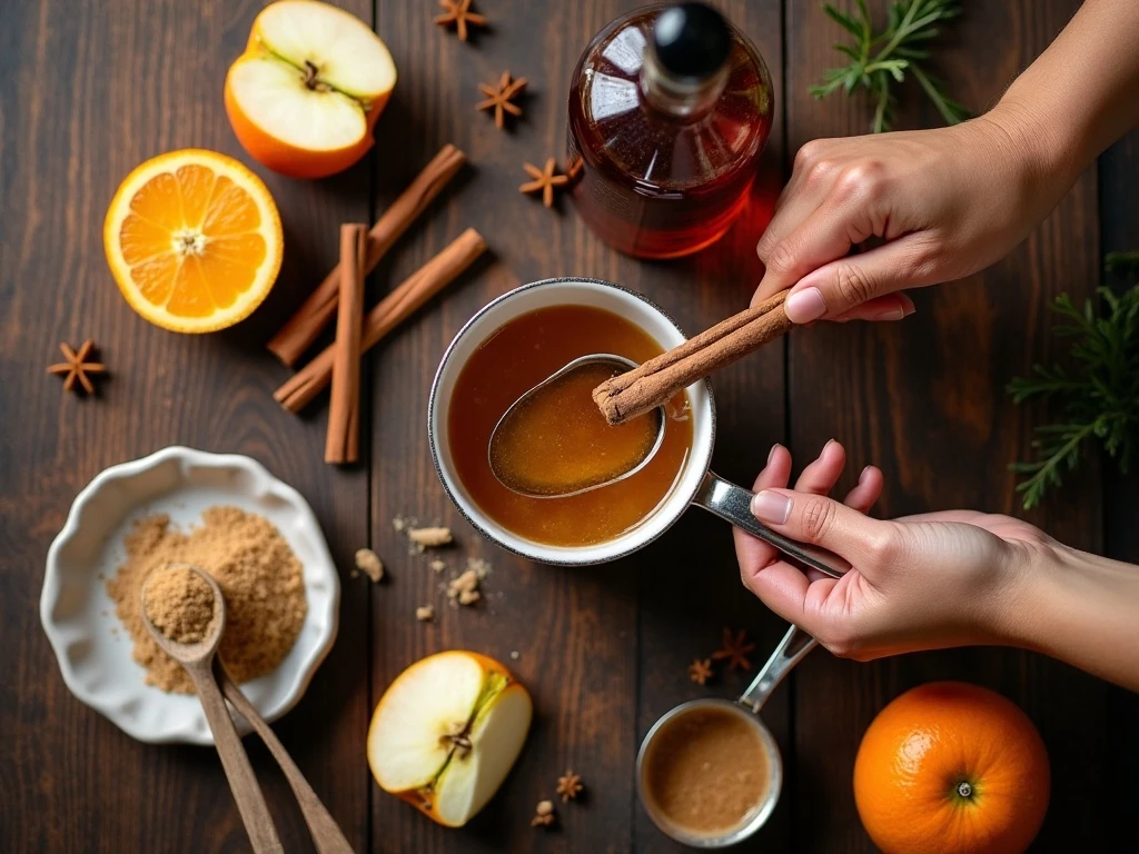 Ingredients for hot apple cider rum punch arranged for cooking