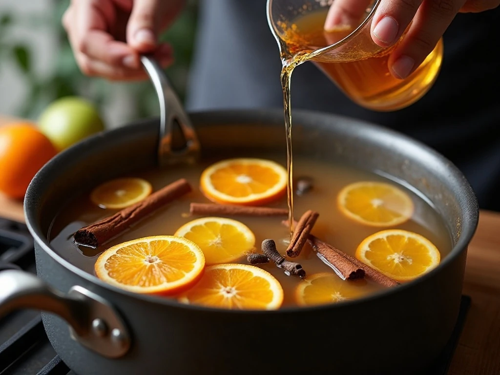 Apple cider warming with orange and spices in a saucepan