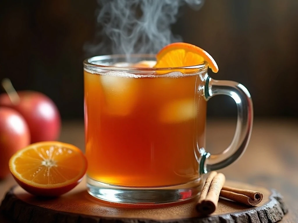 Hot apple cider rum punch garnished with orange, apple, and cinnamon