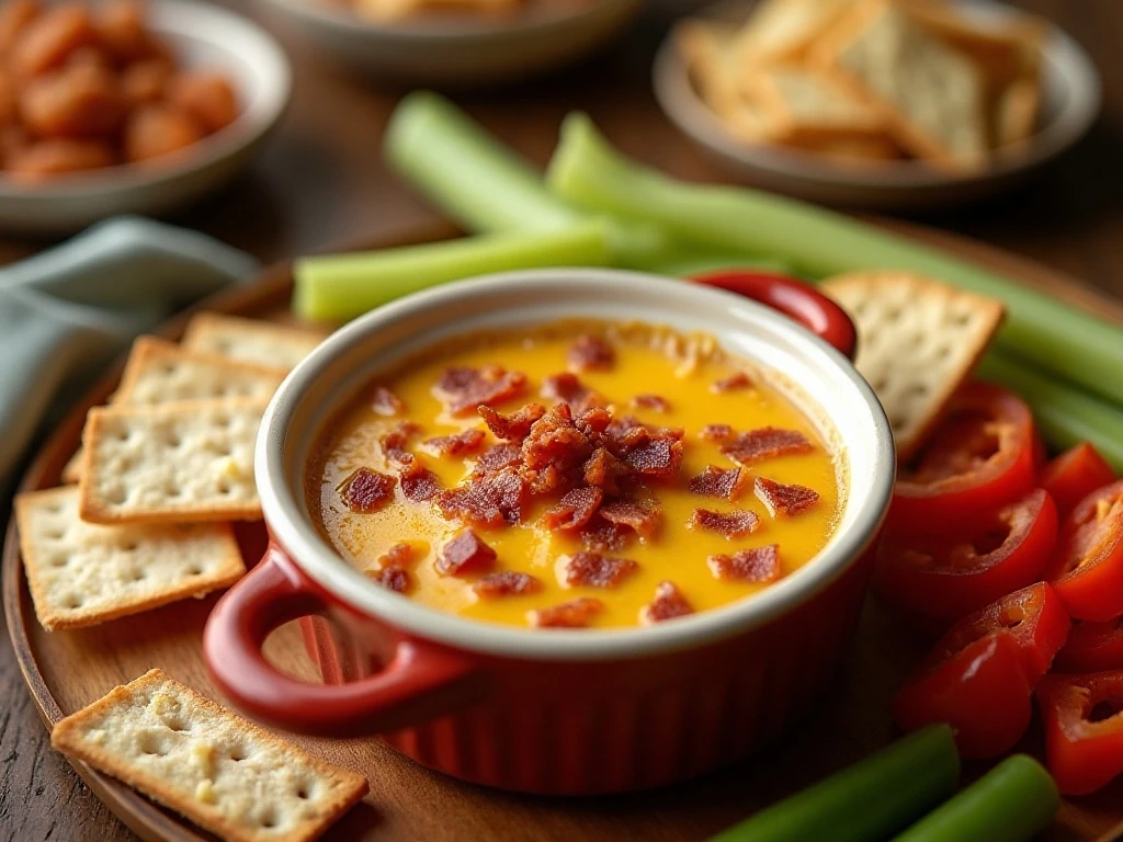 Warm creamy bacon cheese dip surrounded by assorted dippers