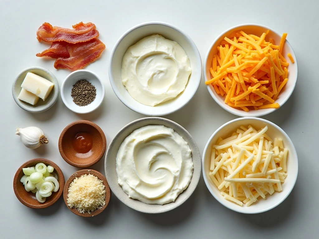 Ingredients for hot cheese dip with bacon