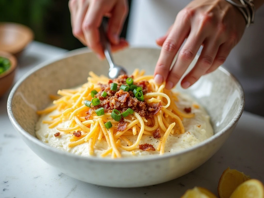 Mixing the creamy cheese dip ingredients in a bowl