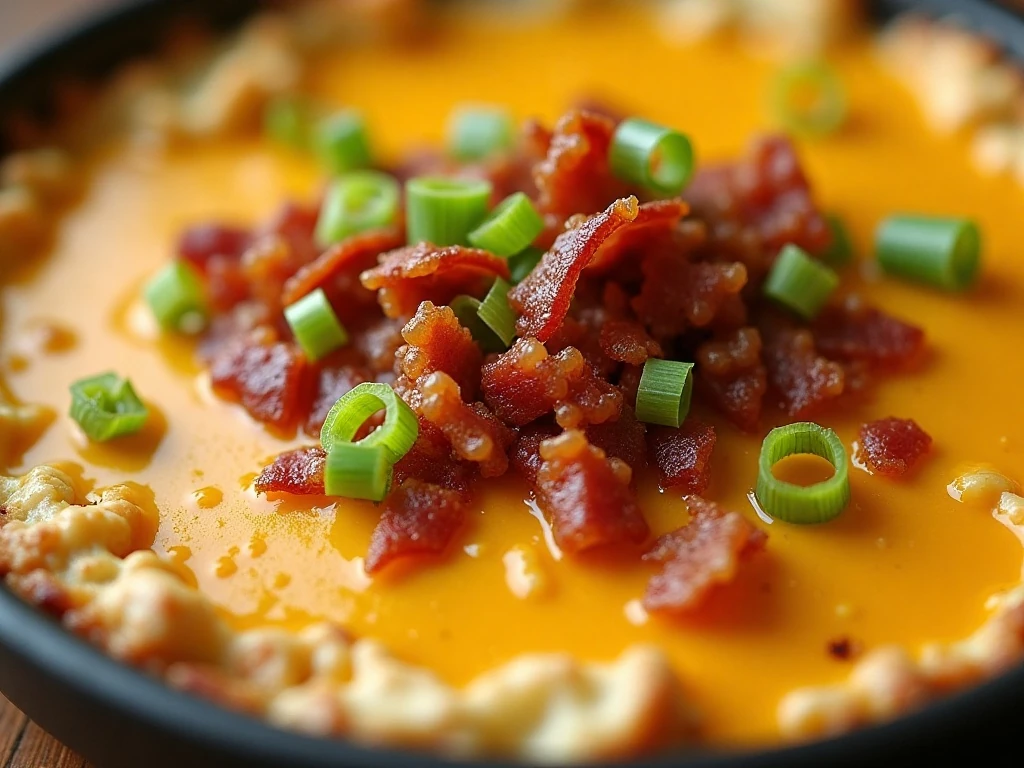 Crisp bacon and green onion topping on bubbling cheese dip
