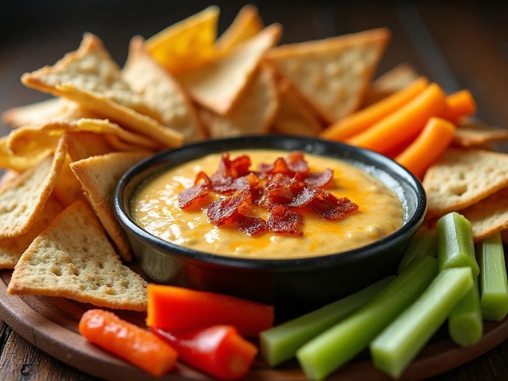 Hot bacon cheese dip served with chips, bread, and vegetables