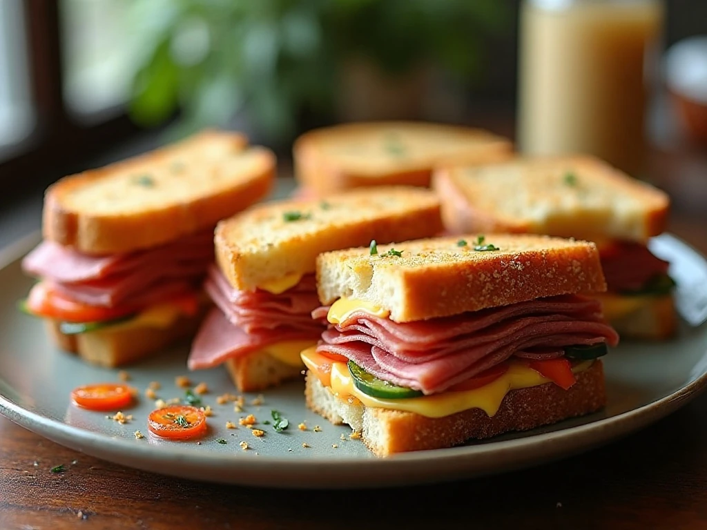 Hot cheesy cafe style salami sandwiches cut in half and ready to serve