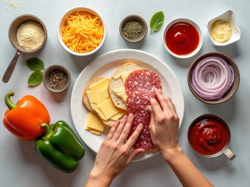 Ingredients for hot cheesy cafe style salami sandwiches