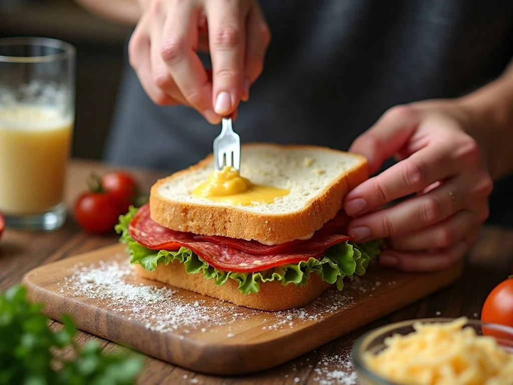 Layering salami vegetables and cheese for grilled sandwiches