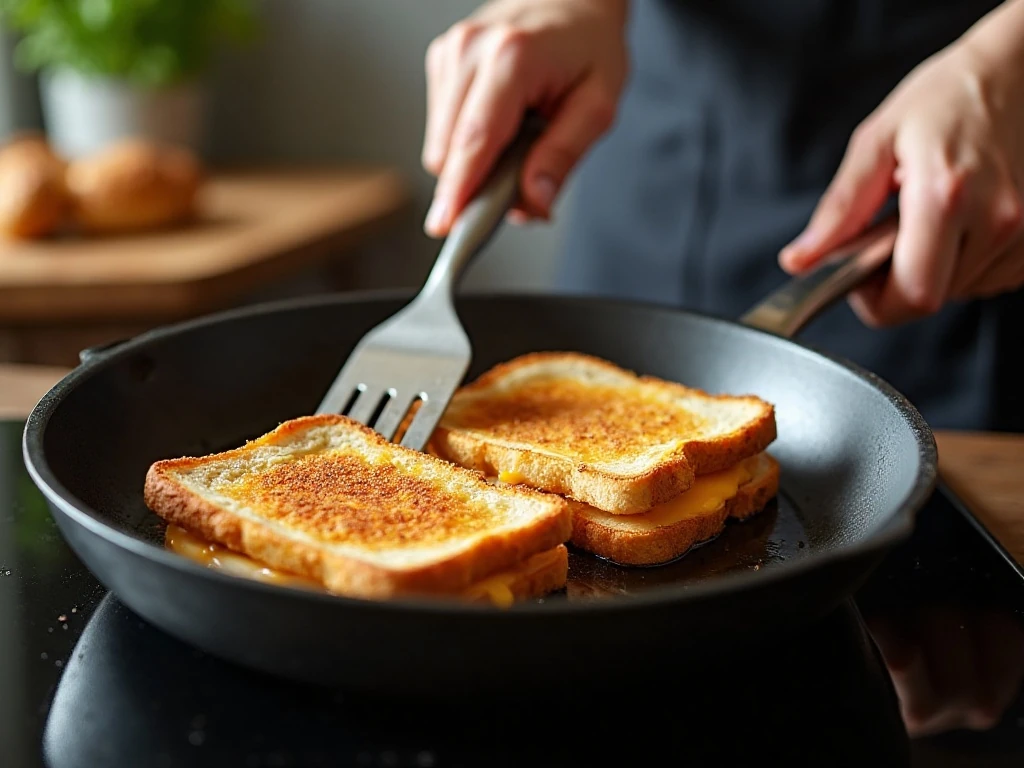 Grilling cheesy salami sandwiches in a skillet