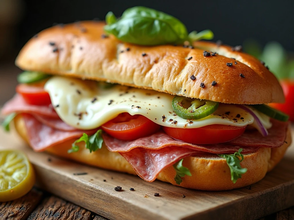 Close-up of melted cheese and salami sandwich filling