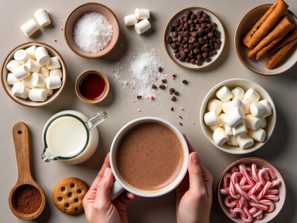 Ingredients for an ultimate hot chocolate bar arranged in a flat lay