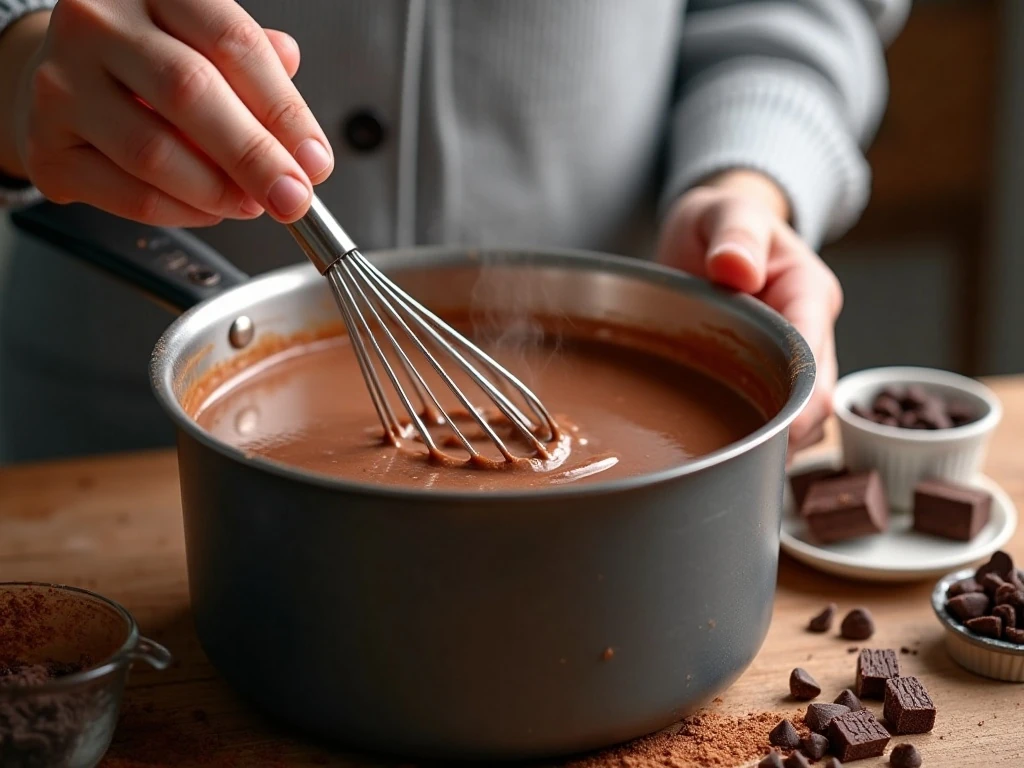 Chocolate chips melting into a smooth hot chocolate base in a saucepan