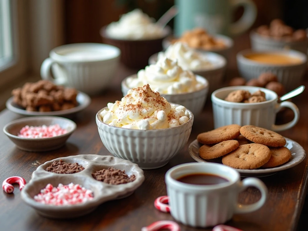 Organized hot chocolate bar with bowls of toppings and serving mugs