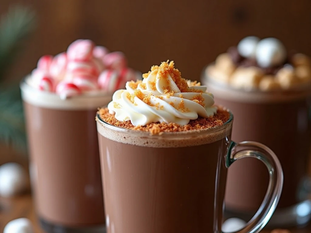 Three hot chocolate topping combinations with peppermint, caramel, chocolate, and marshmallows