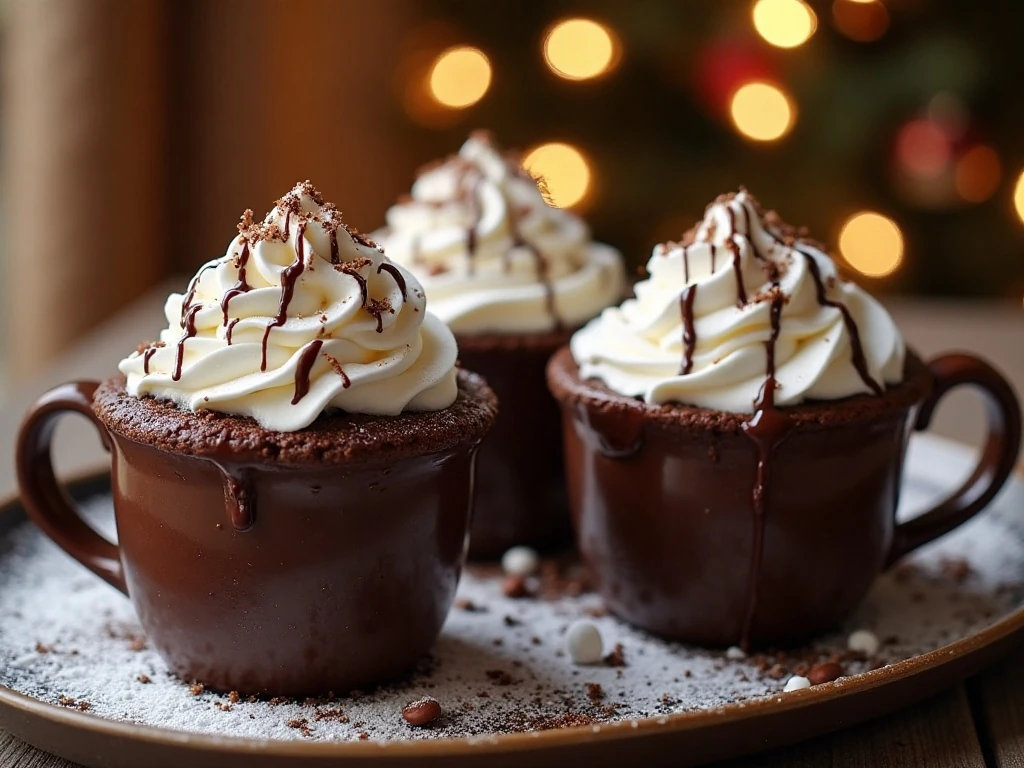 Three warm hot chocolate brownie mug cake shots with whipped cream and marshmallows