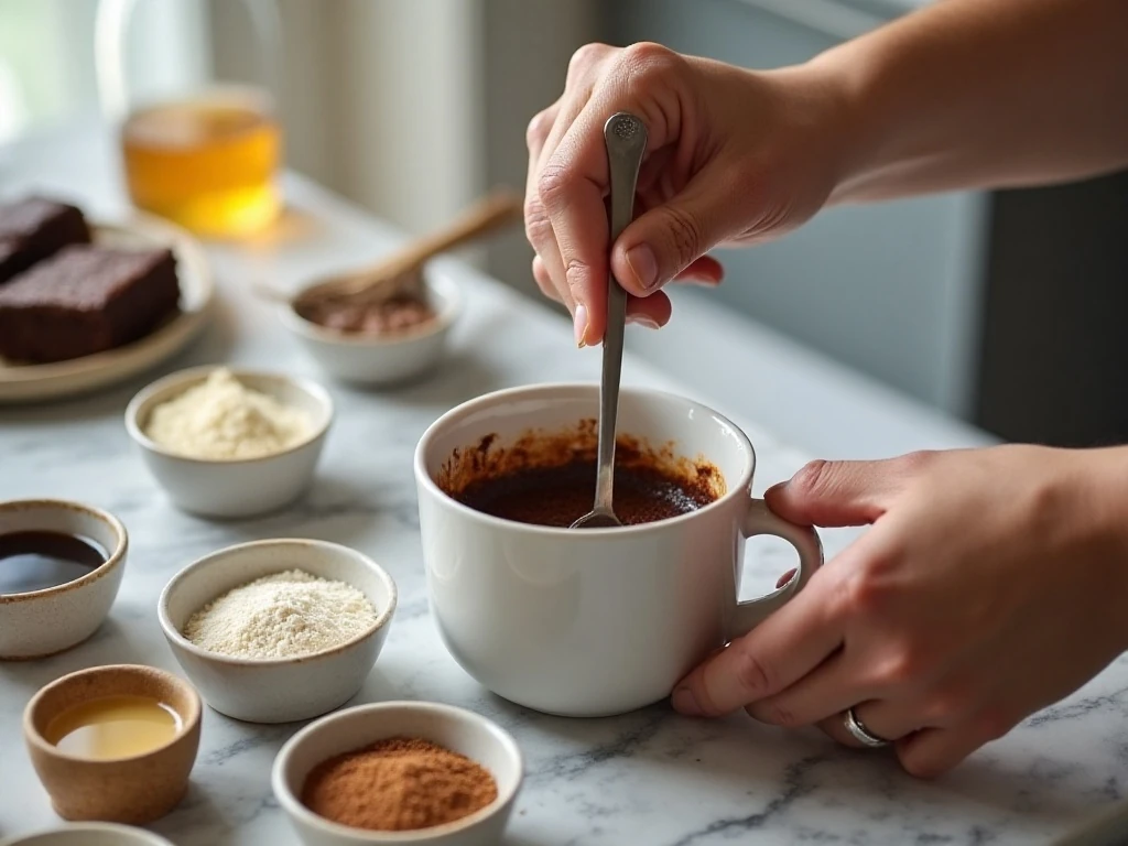Brownie mug cake batter being mixed in a microwave-safe mug