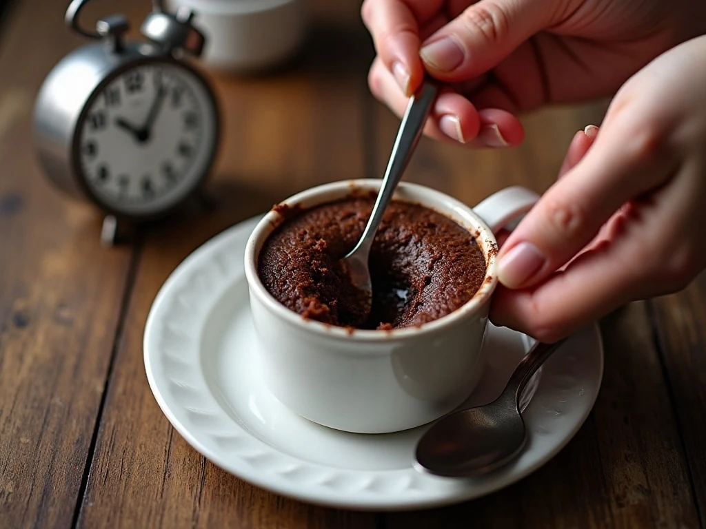 Moist center of a freshly microwaved fudgy brownie mug cake