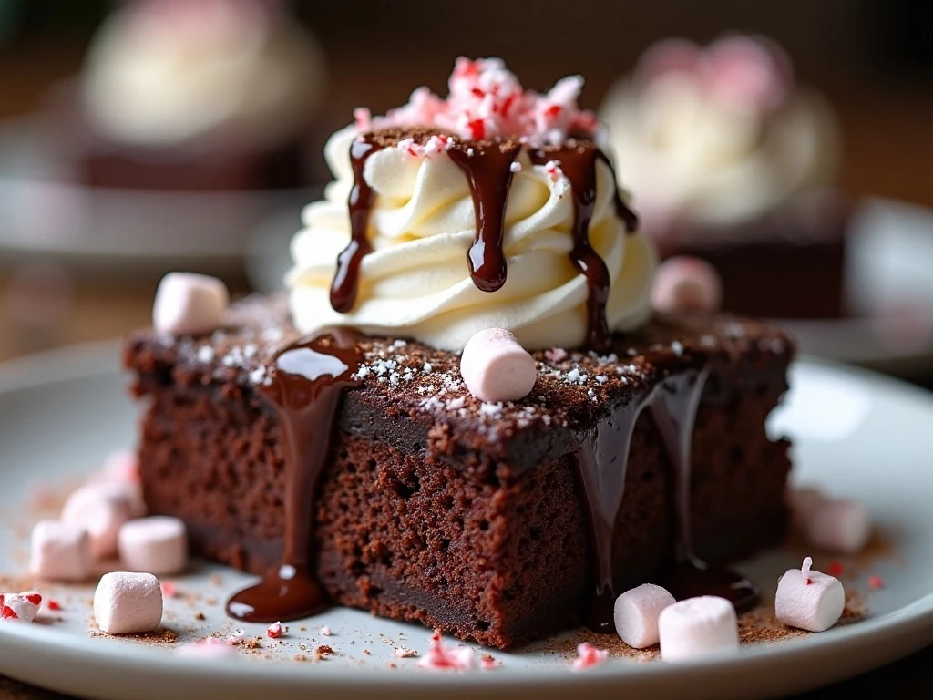 Close-up of marshmallow, chocolate, and peppermint toppings on a brownie mug cake shot