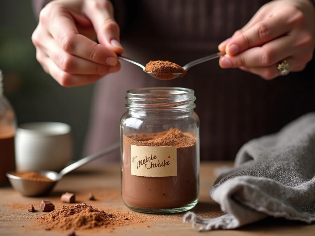 Jar of homemade hot chocolate mix ready for pantry storage