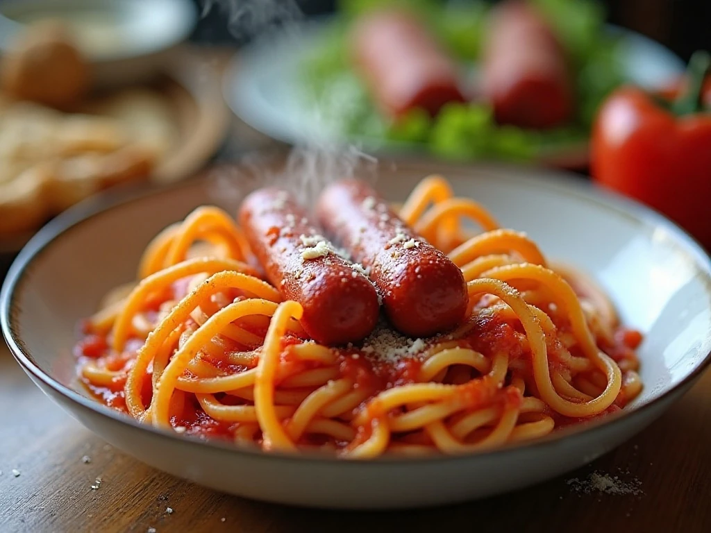 Hot dog spiders with spaghetti served in marinara sauce