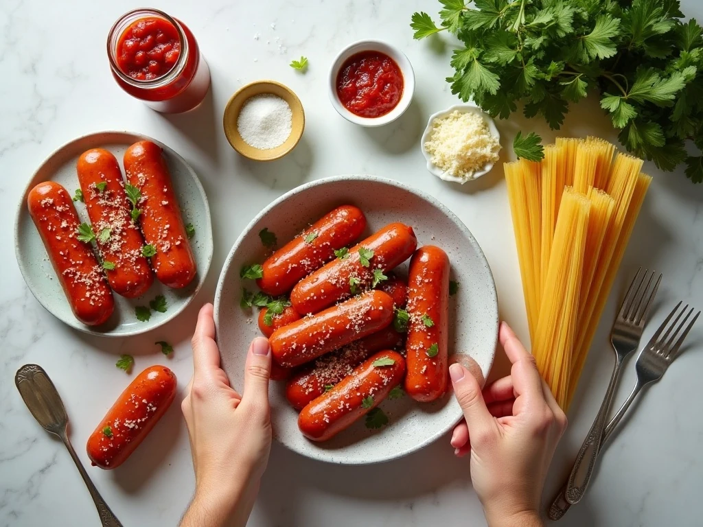 Ingredients for hot dog spiders with spaghetti