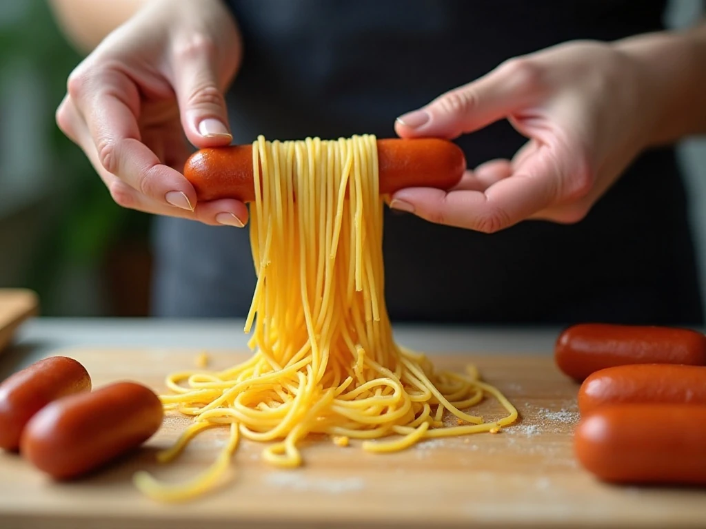Threading spaghetti through hot dog pieces
