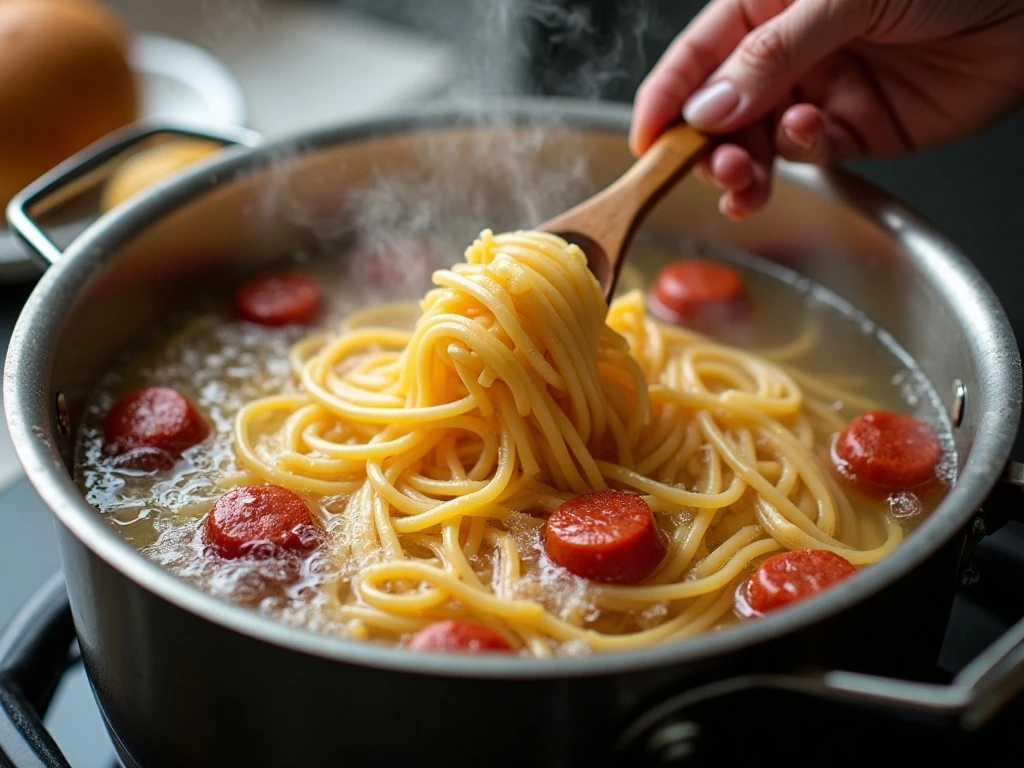 Spaghetti spiders cooking in a pot of boiling water