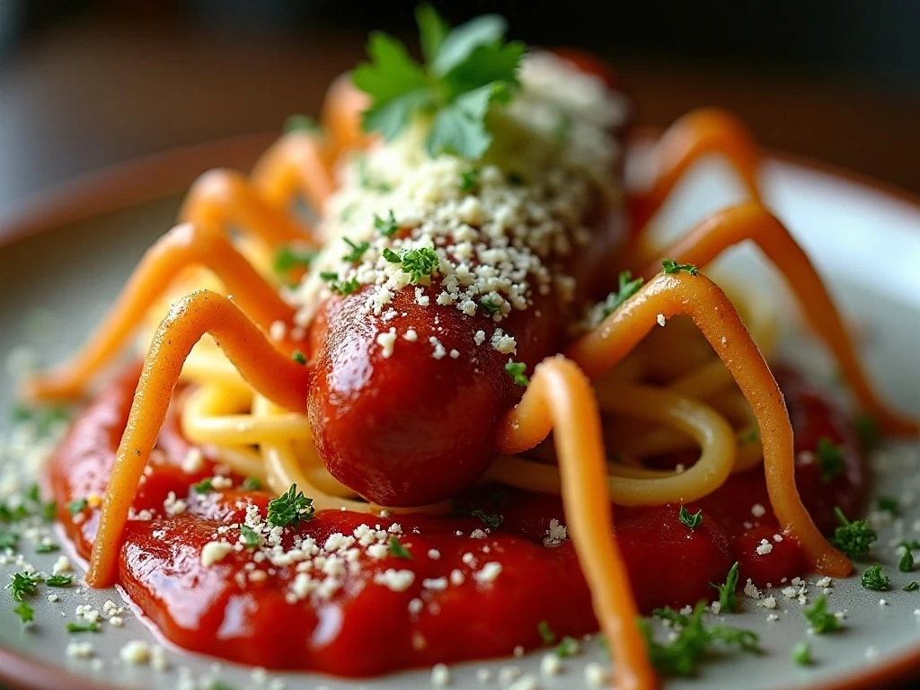 Parmesan and parsley garnish on spaghetti hot dog spiders