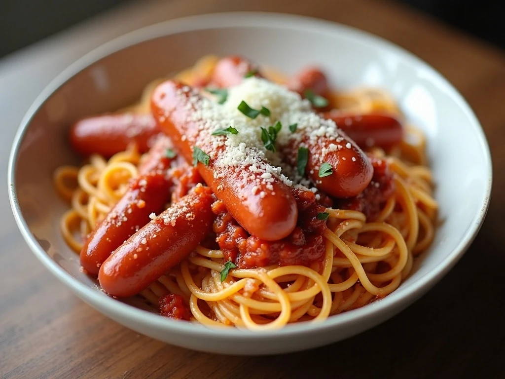 A reheated serving of hot dog spiders with spaghetti