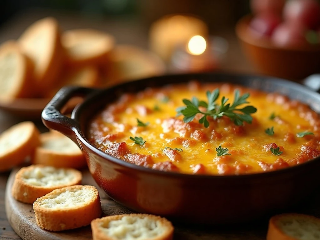 Hot French onion dip with golden bubbling cheese served with bread and crackers
