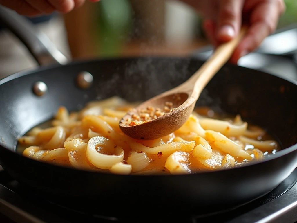 Sliced onions slowly caramelizing in a skillet for French onion dip