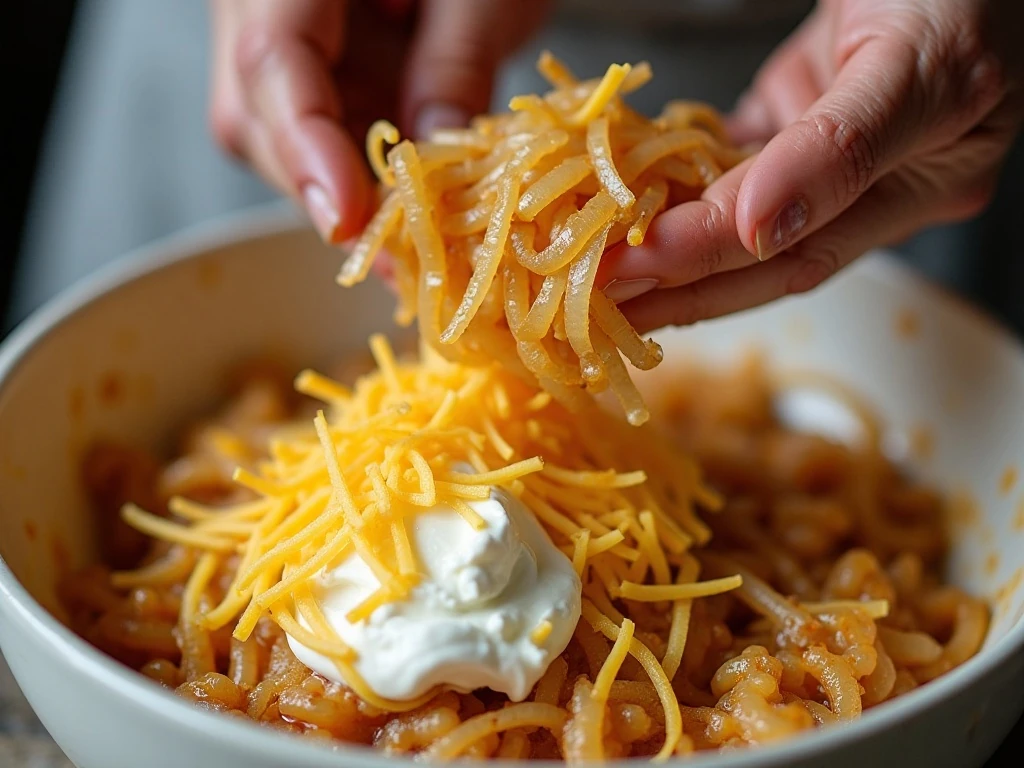 Caramelized onions folded into creamy French onion dip mixture