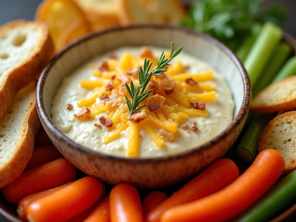French onion dip served with baguette, chips, crackers, and vegetables