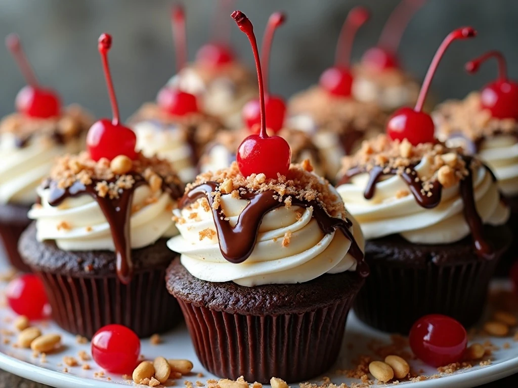 Platter of colorful hot fudge sundae cupcakes for a party