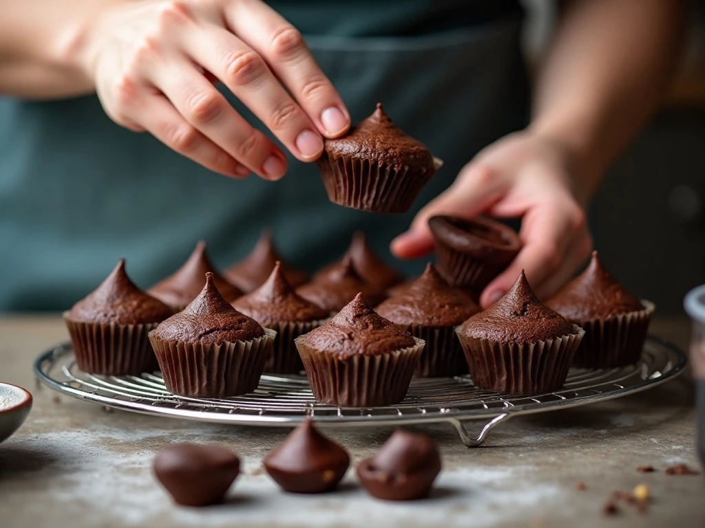 Preparing cupcake centers for hot fudge filling
