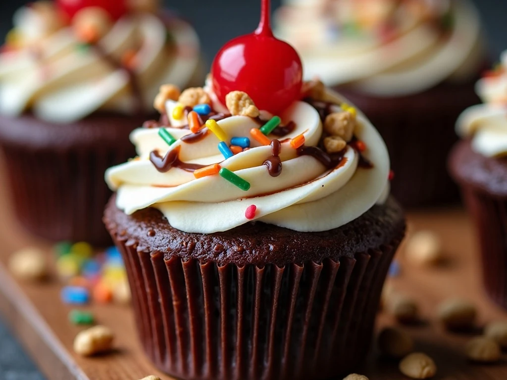 Close-up of hot fudge sundae cupcake toppings