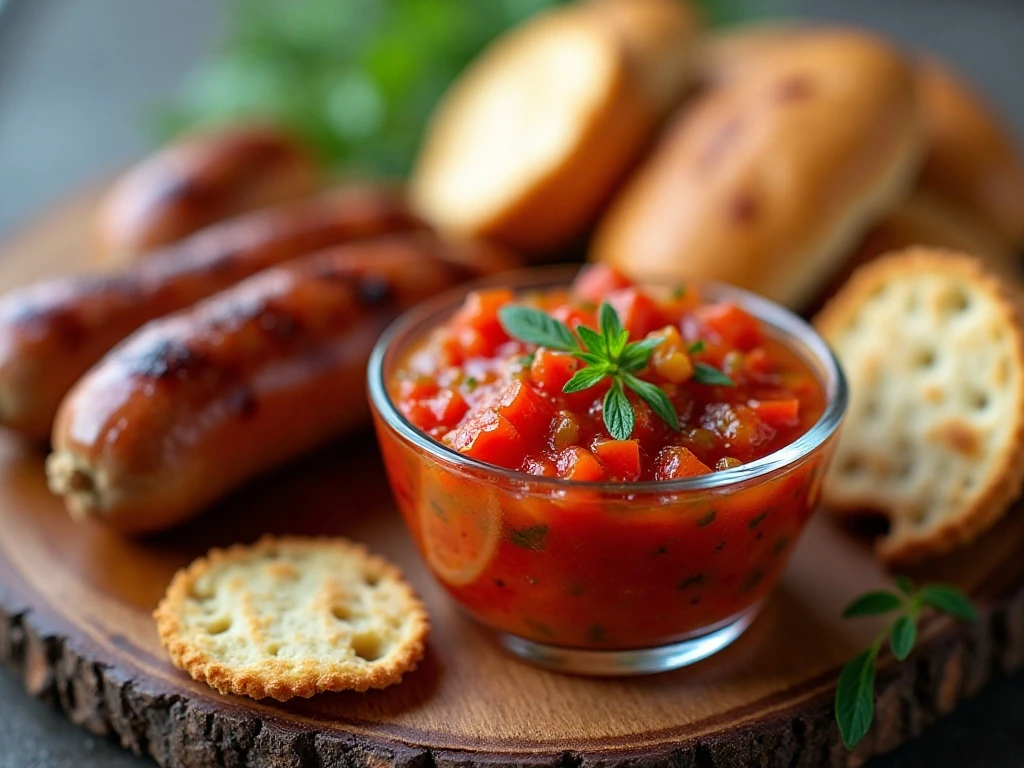 Sweet and spicy homemade hot pepper relish served with grilled sausages and crackers