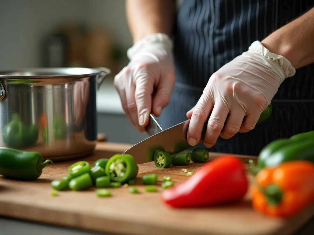 Preparing finely chopped peppers for homemade hot pepper relish