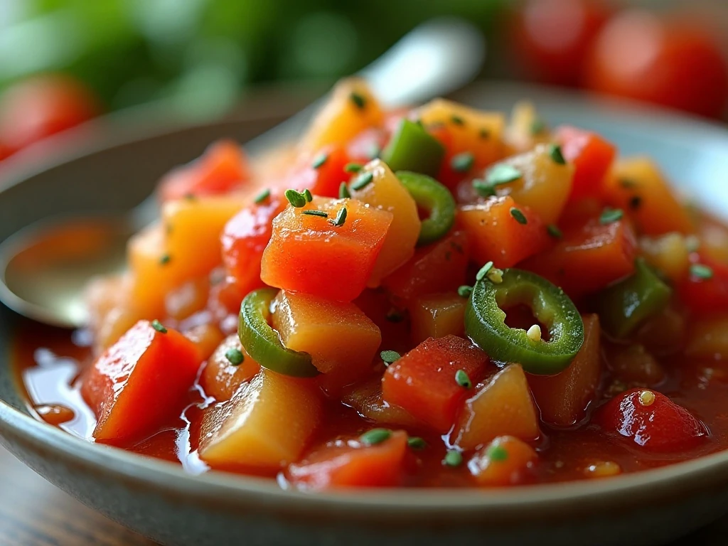Close-up texture of finely chopped sweet and spicy pepper relish