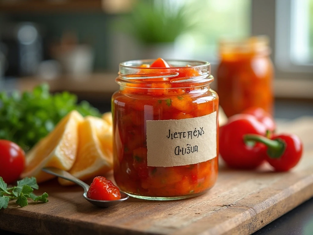 Refrigerated homemade hot pepper relish in an airtight container