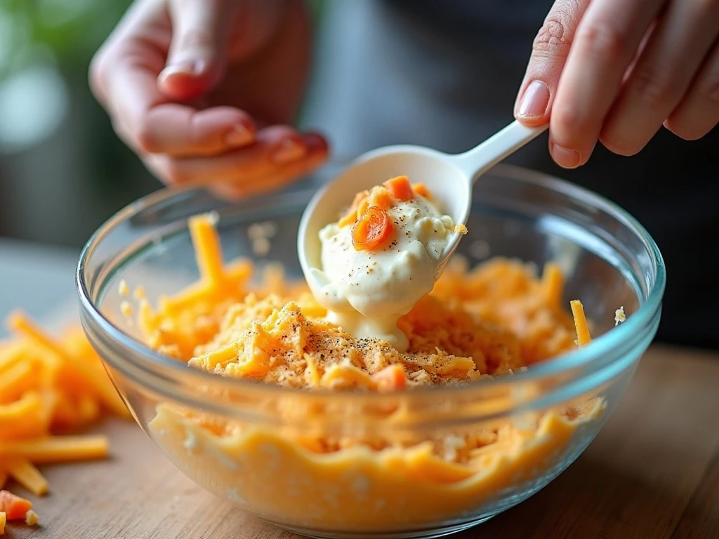 Mixing the creamy pimento cheese dip ingredients in a bowl